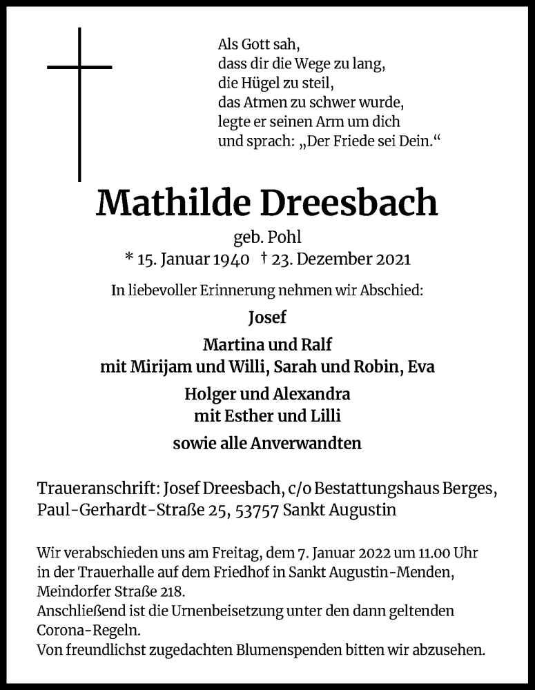  Traueranzeige für Mathilde Dreesbach vom 31.12.2021 aus Kölner Stadt-Anzeiger / Kölnische Rundschau / Express