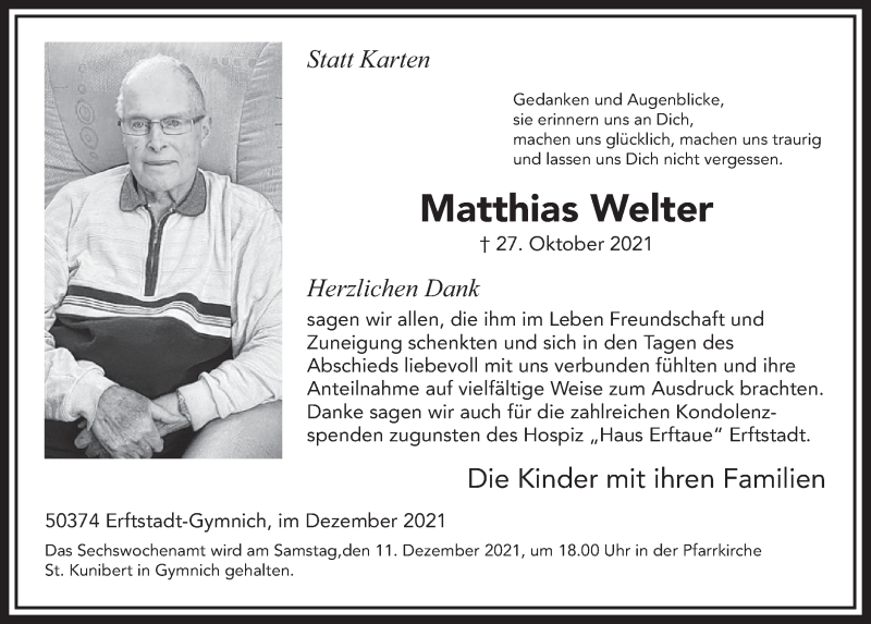  Traueranzeige für Matthias Welter vom 03.12.2021 aus  Werbepost 