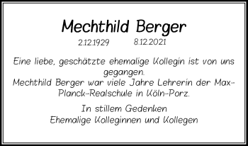 Anzeige von Mechthild Berger von Kölner Stadt-Anzeiger / Kölnische Rundschau / Express