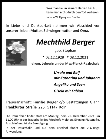 Anzeige von Mechthild Berger von  Kölner Wochenspiegel 