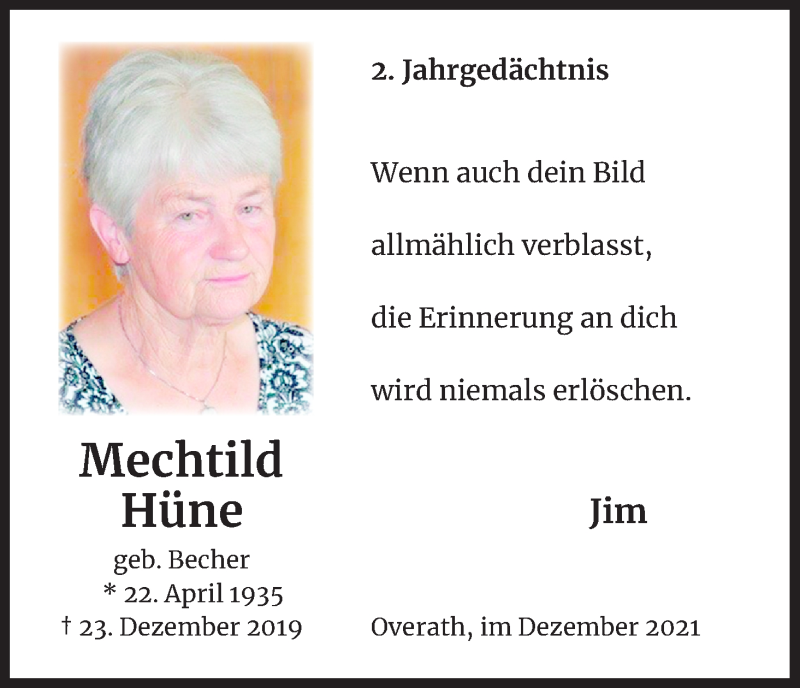  Traueranzeige für Mechtild Hüne vom 18.12.2021 aus Kölner Stadt-Anzeiger / Kölnische Rundschau / Express