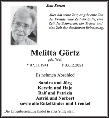 Anzeige von Melitta Görtz von  Wochenende 