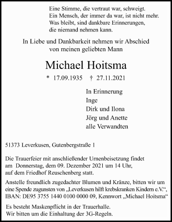 Anzeige von Michael Hoitsma von Kölner Stadt-Anzeiger / Kölnische Rundschau / Express