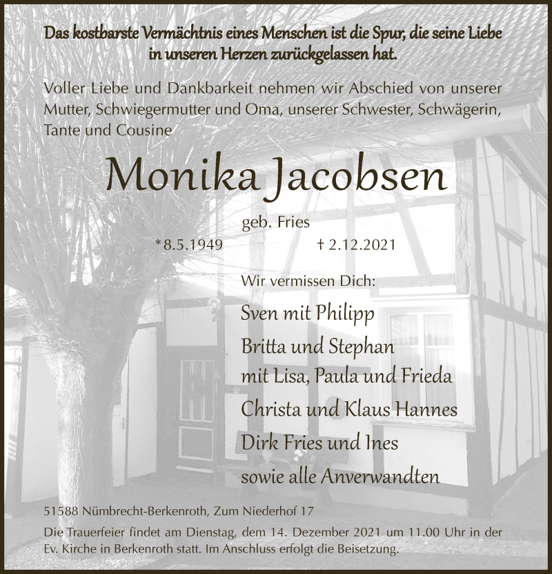  Traueranzeige für Monika Jacobsen vom 10.12.2021 aus  Lokalanzeiger 