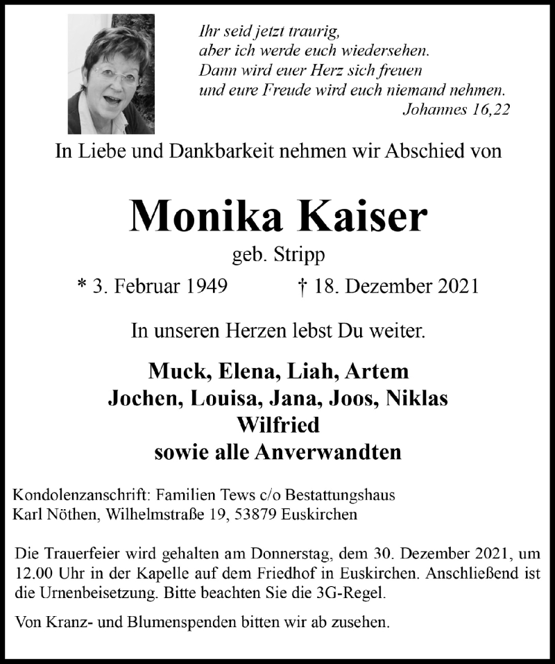  Traueranzeige für Monika Kaiser vom 27.12.2021 aus  Blickpunkt Euskirchen 