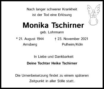Anzeige von Monika Tschirner von Kölner Stadt-Anzeiger / Kölnische Rundschau / Express