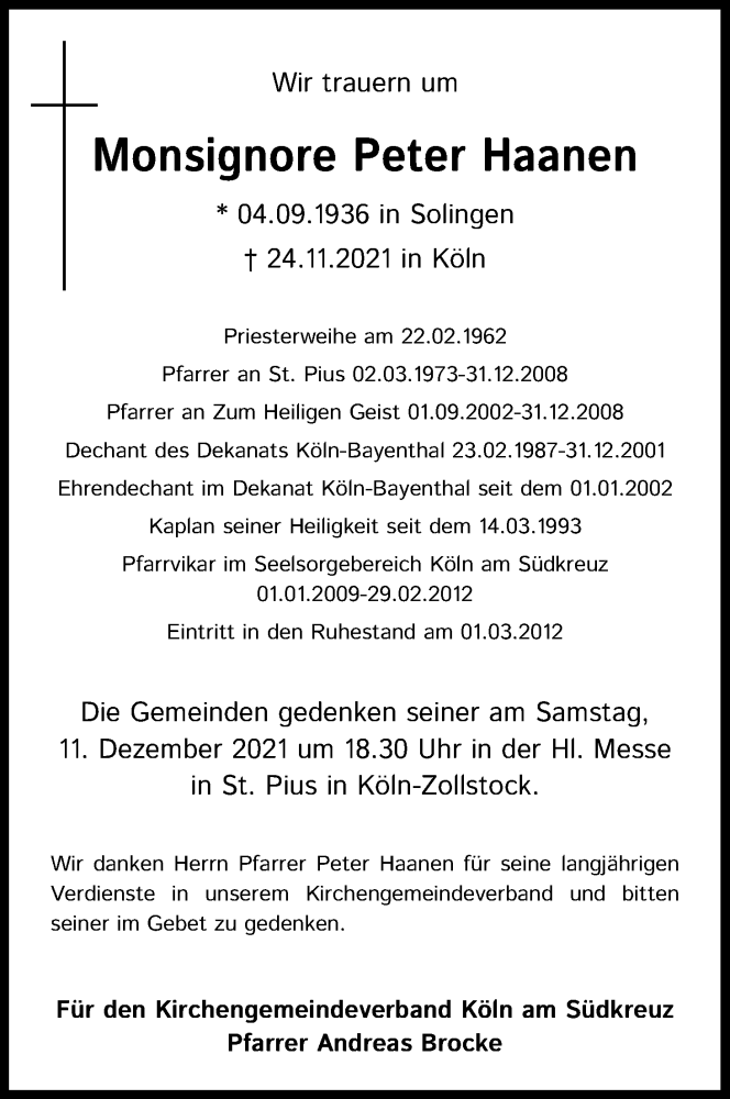 Traueranzeige für Monsignore Peter Haanen vom 11.12.2021 aus Kölner Stadt-Anzeiger / Kölnische Rundschau / Express