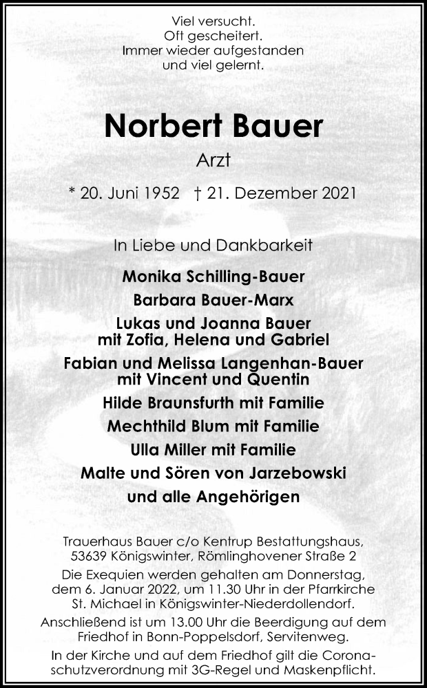  Traueranzeige für Norbert Bauer vom 29.12.2021 aus Kölner Stadt-Anzeiger / Kölnische Rundschau / Express