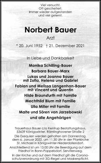 Anzeige von Norbert Bauer von Kölner Stadt-Anzeiger / Kölnische Rundschau / Express