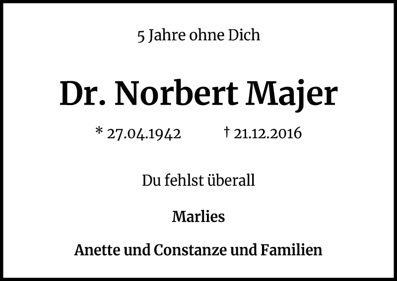  Traueranzeige für Norbert Majer vom 21.12.2021 aus Kölner Stadt-Anzeiger / Kölnische Rundschau / Express