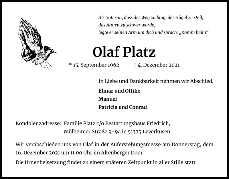  Traueranzeige für Olaf Platz vom 11.12.2021 aus Kölner Stadt-Anzeiger / Kölnische Rundschau / Express