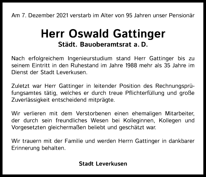  Traueranzeige für Oswald Gattinger vom 24.12.2021 aus Kölner Stadt-Anzeiger / Kölnische Rundschau / Express
