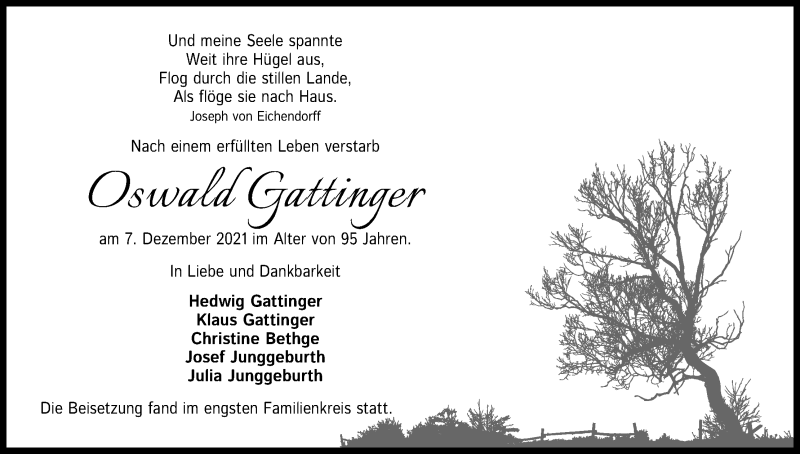  Traueranzeige für Oswald Gattinger vom 24.12.2021 aus Kölner Stadt-Anzeiger / Kölnische Rundschau / Express