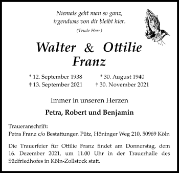 Anzeige von Ottilie Franz von Kölner Stadt-Anzeiger / Kölnische Rundschau / Express