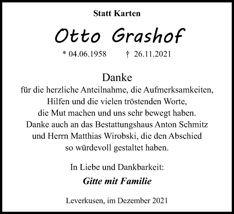 Traueranzeige für Otto Grashof vom 31.12.2021 aus Kölner Stadt-Anzeiger / Kölnische Rundschau / Express