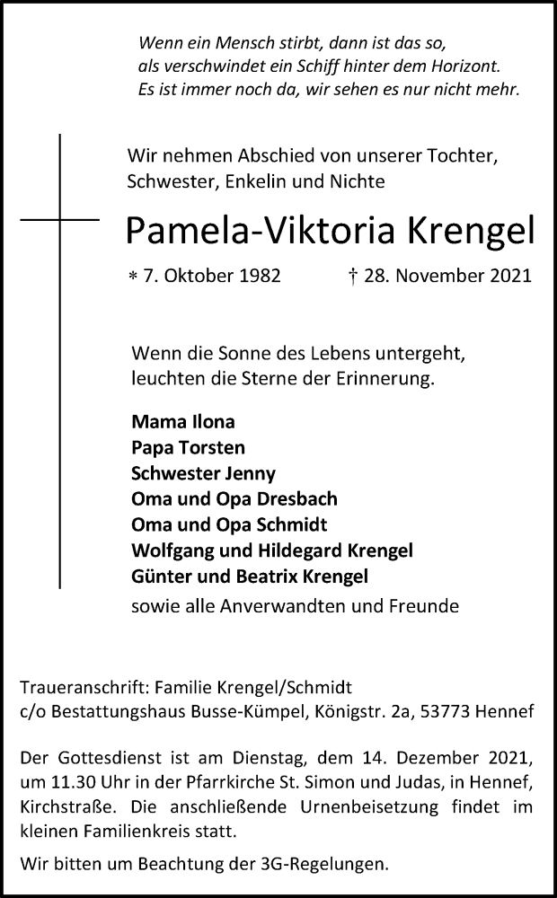  Traueranzeige für Pamela-Viktoria Krengel vom 04.12.2021 aus Kölner Stadt-Anzeiger / Kölnische Rundschau / Express