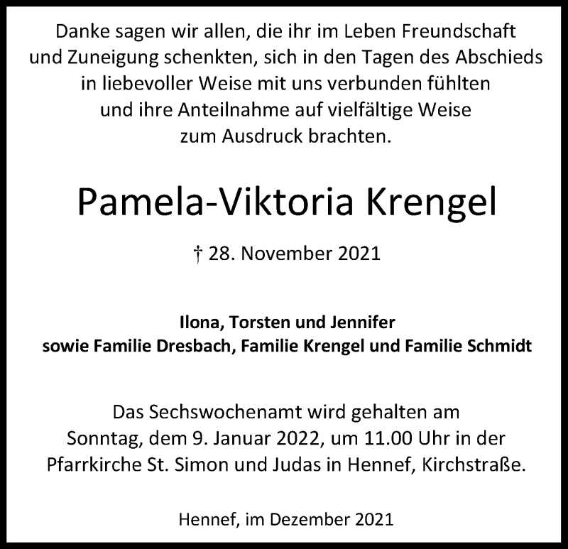  Traueranzeige für Pamela-Viktoria Krengel vom 24.12.2021 aus Kölner Stadt-Anzeiger / Kölnische Rundschau / Express