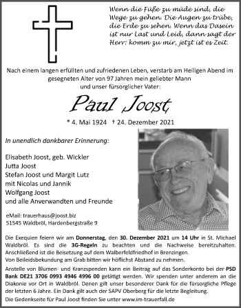 Anzeige von Paul Joost von Kölner Stadt-Anzeiger / Kölnische Rundschau / Express