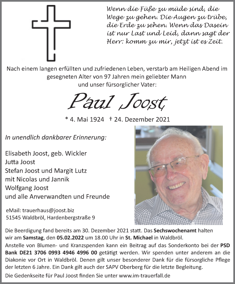  Traueranzeige für Paul Joost vom 31.12.2021 aus Kölner Stadt-Anzeiger / Kölnische Rundschau / Express