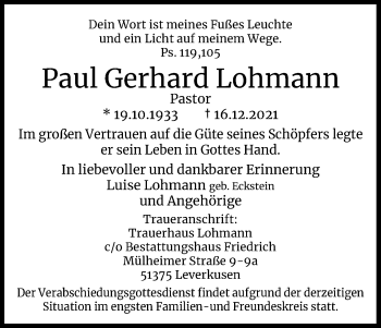 Anzeige von Paul Gerhard Lohmann von Kölner Stadt-Anzeiger / Kölnische Rundschau / Express