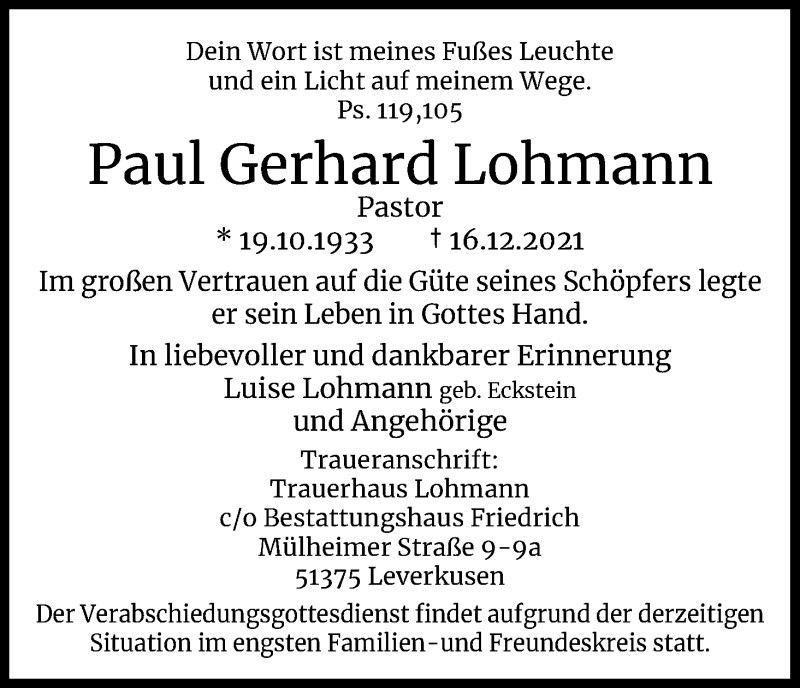  Traueranzeige für Paul Gerhard Lohmann vom 27.12.2021 aus Kölner Stadt-Anzeiger / Kölnische Rundschau / Express