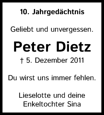 Anzeige von Peter Dietz von Kölner Stadt-Anzeiger / Kölnische Rundschau / Express