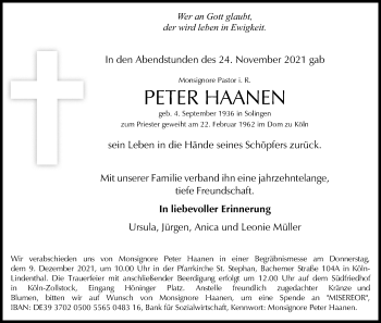 Anzeige von Peter Haanen von Kölner Stadt-Anzeiger / Kölnische Rundschau / Express
