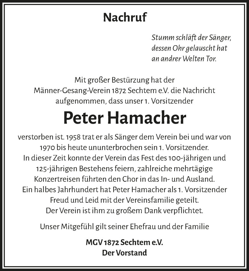  Traueranzeige für Peter Hamacher vom 01.01.2022 aus  Schaufenster/Blickpunkt 