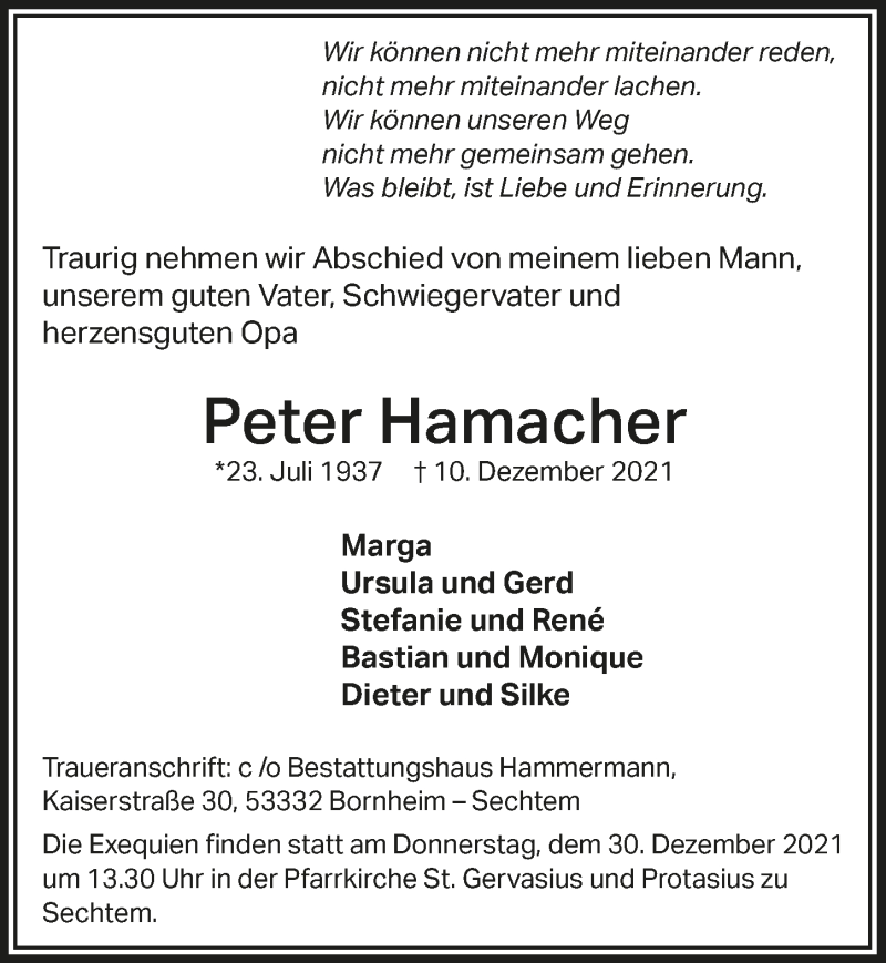  Traueranzeige für Peter Hamacher vom 27.12.2021 aus  Schaufenster/Blickpunkt  Schlossbote/Werbekurier 