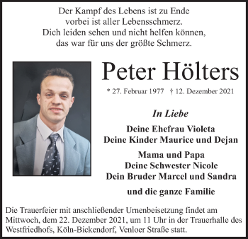 Anzeige von Peter Hölters von Kölner Stadt-Anzeiger / Kölnische Rundschau / Express