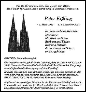 Anzeige von Peter Kißling von Kölner Stadt-Anzeiger / Kölnische Rundschau / Express