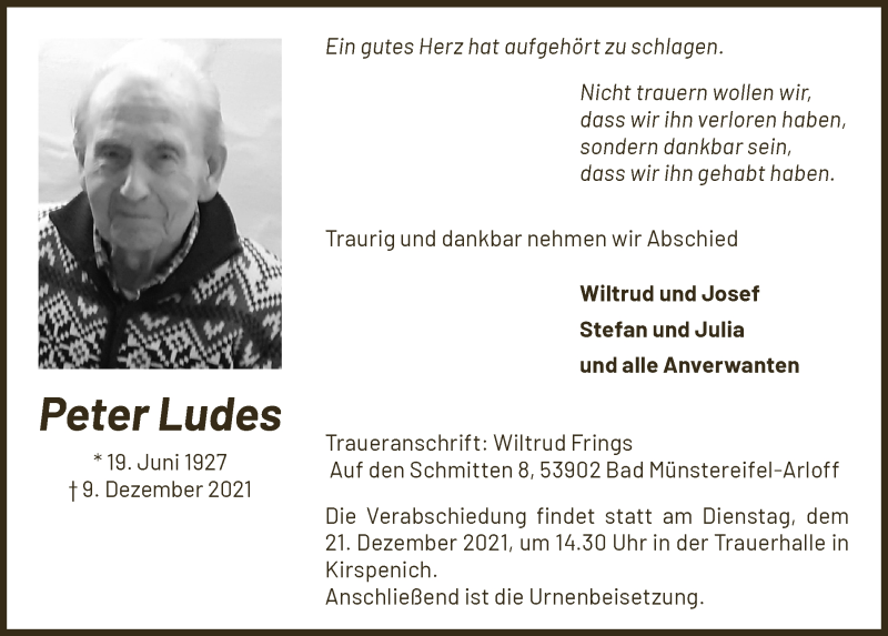  Traueranzeige für Peter Ludes vom 18.12.2021 aus  Blickpunkt Euskirchen 