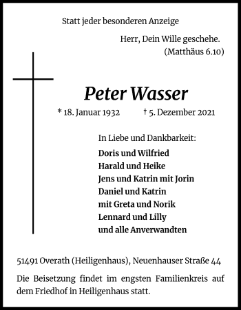 Anzeige von Peter Wasser von Kölner Stadt-Anzeiger / Kölnische Rundschau / Express