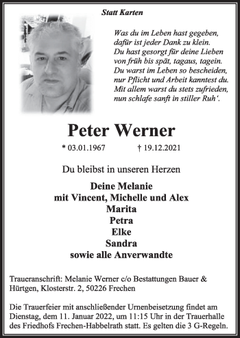 Anzeige von Peter Werner von  Wochenende 
