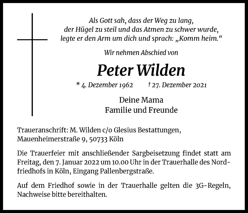  Traueranzeige für Peter Wilden vom 31.12.2021 aus Kölner Stadt-Anzeiger / Kölnische Rundschau / Express