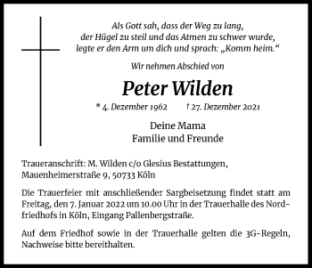 Anzeige von Peter Wilden von Kölner Stadt-Anzeiger / Kölnische Rundschau / Express