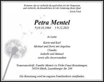 Anzeige von Petra Mentel von  Wochenende 