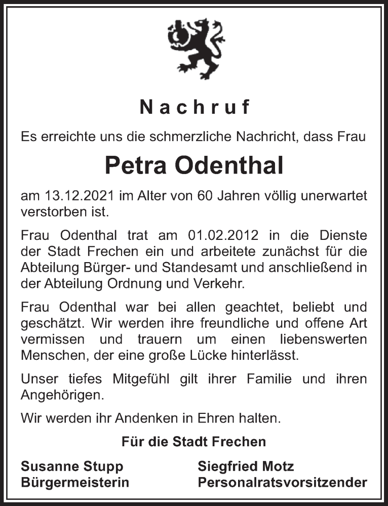  Traueranzeige für Petra Odenthal vom 01.01.2022 aus  Wochenende 