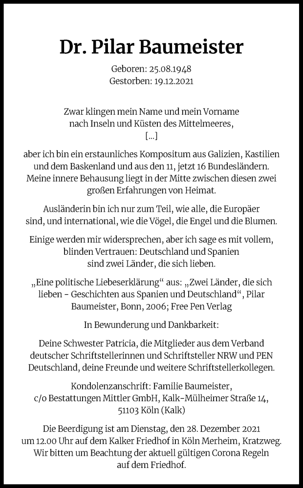  Traueranzeige für Pilar Baumeister vom 22.12.2021 aus Kölner Stadt-Anzeiger / Kölnische Rundschau / Express