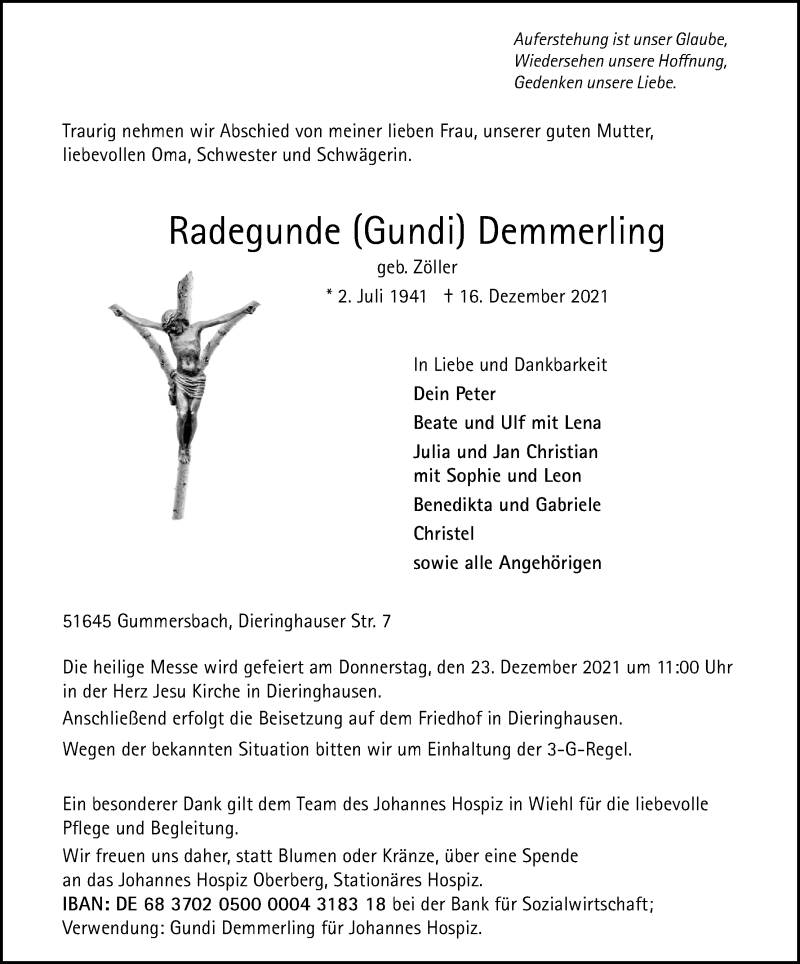  Traueranzeige für Radegunde Demmerling vom 21.12.2021 aus Kölner Stadt-Anzeiger / Kölnische Rundschau / Express