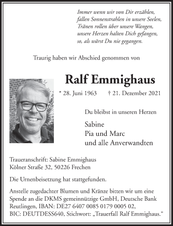 Anzeige von Ralf Emmighaus von  Wochenende 