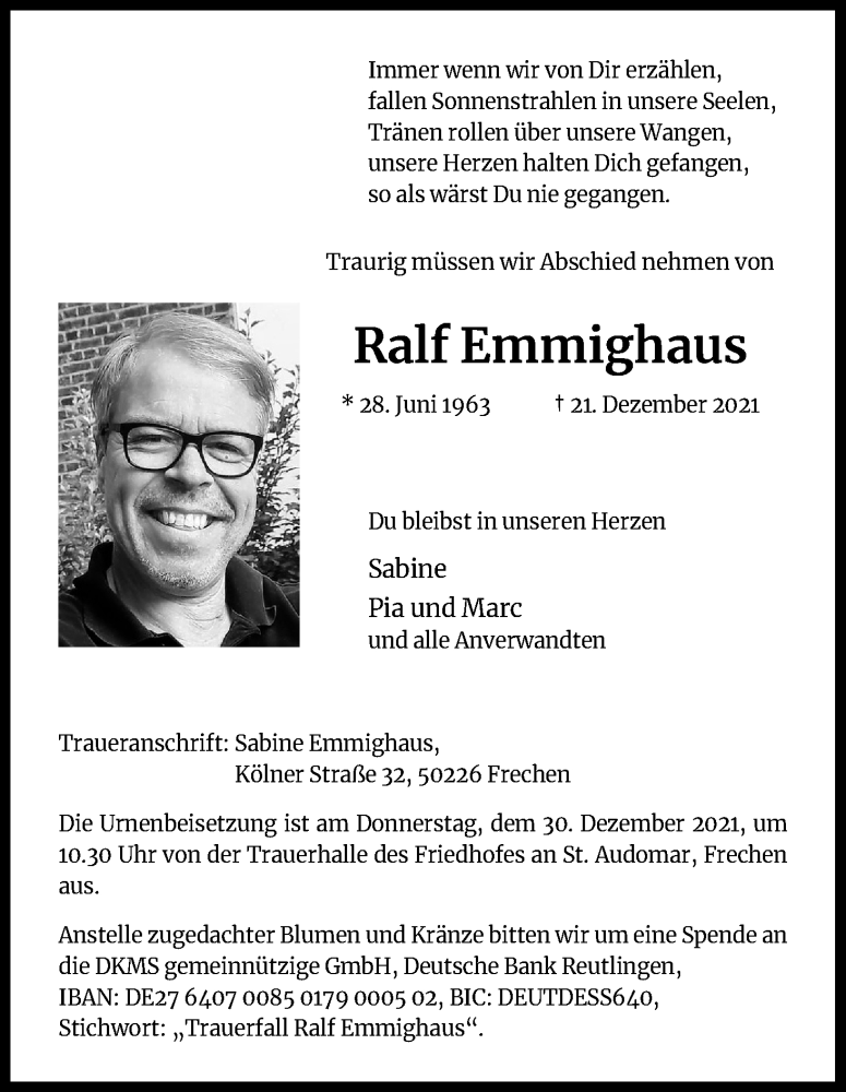  Traueranzeige für Ralf Emmighaus vom 29.12.2021 aus Kölner Stadt-Anzeiger / Kölnische Rundschau / Express
