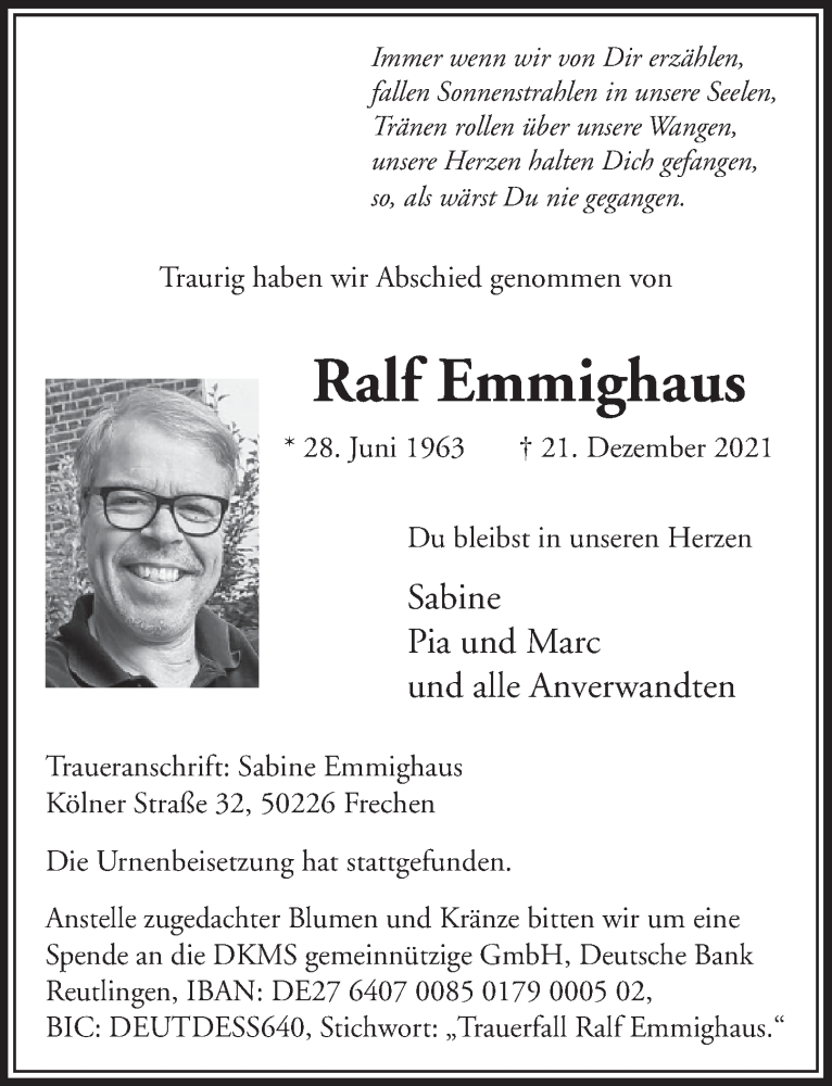  Traueranzeige für Ralf Emmighaus vom 01.01.2022 aus  Wochenende 