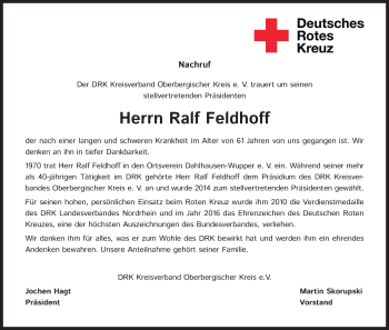Anzeige von Ralf Feldhoff von Kölner Stadt-Anzeiger / Kölnische Rundschau / Express