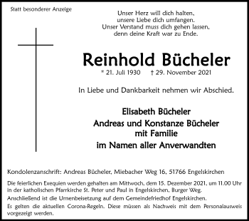 Anzeige von Reinhold Bücheler von Kölner Stadt-Anzeiger / Kölnische Rundschau / Express