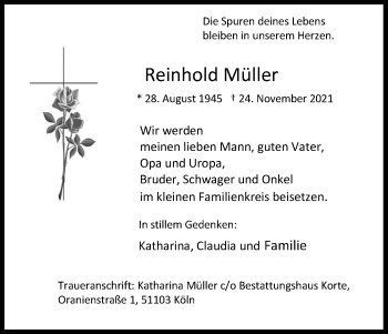Anzeige von Reinhold Müller von Kölner Stadt-Anzeiger / Kölnische Rundschau / Express