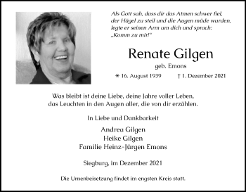 Anzeige von Renate Gilgen von Kölner Stadt-Anzeiger / Kölnische Rundschau / Express