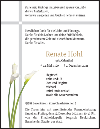 Anzeige von Renate Hohl von Kölner Stadt-Anzeiger / Kölnische Rundschau / Express