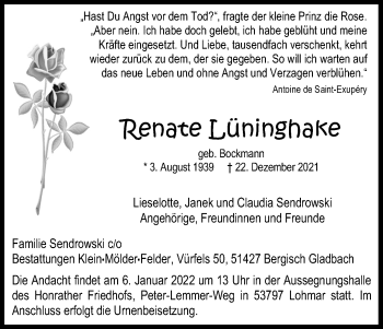 Anzeige von Renate Lüninghake von Kölner Stadt-Anzeiger / Kölnische Rundschau / Express