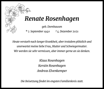 Anzeige von Renate Rosenhagen von Kölner Stadt-Anzeiger / Kölnische Rundschau / Express